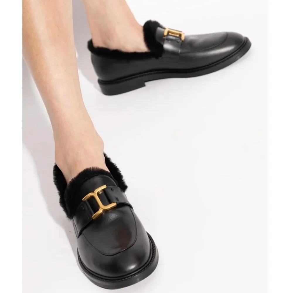 NWT$1,050 Chloé Marcie Black Shearling-Trimmed Leather Marcie Loafers Sz 40 (10)